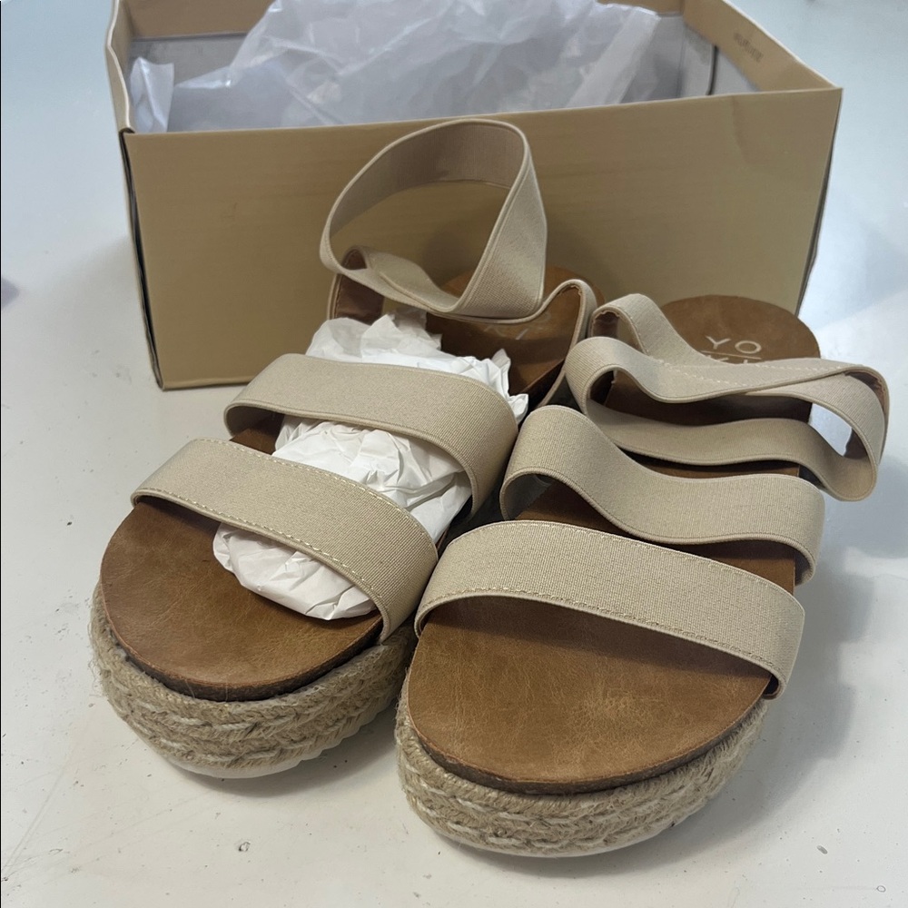 Yoki Neutral Beige Multi-Strap Espadrille Platform Sandals